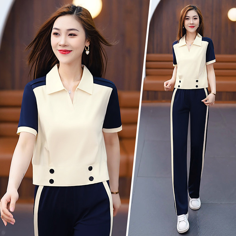 运动服套装女夏2026新款时尚宽松洋气女士翻领短袖休闲跑步两件套