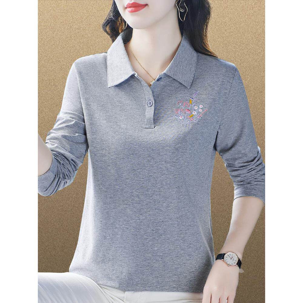 纯棉长袖t恤女春秋2026新款气质减龄妈妈POLO衫翻领百搭春装上衣