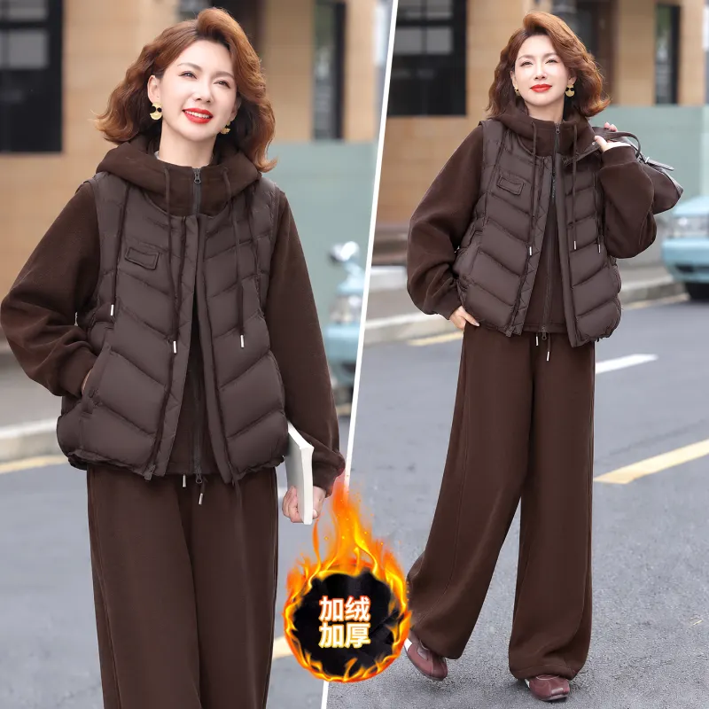 冬季加绒连帽马甲三件套女
