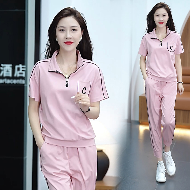 时尚冰丝薄款夏装运动套装女两件套新款短袖九分裤休闲运动服跑步