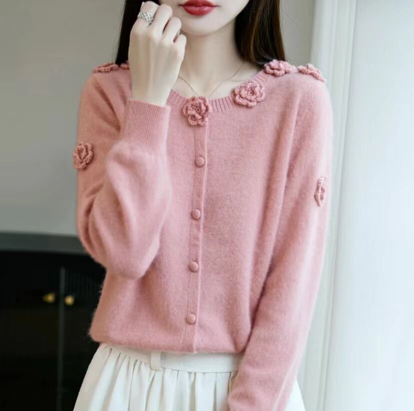 #重工钩花#复古100%纯羊毛减龄立体花朵针织打底衫通勤外套女