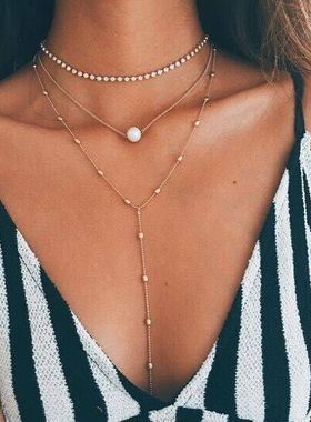 欧美简约三层吊坠项链 百搭镶钻流苏女项链 sexy necklace women