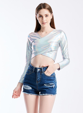 2026 women clothes外贸新款 亮皮漆皮涂胶舞台装 交叉V领长袖表