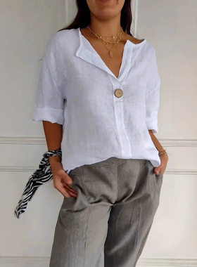 2026 women clothes跨境欧美夏季新款宽松T恤衫女士V领棉麻纽扣上