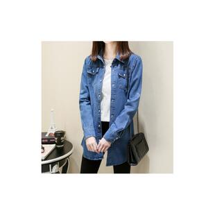 women clothes现货中长款修身大码牛仔衬衫女士秋季打底衫长袖衬