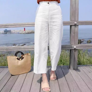 women clothes白色棉麻阔腿裤女高级感夏季薄款女裤子九分直筒宽