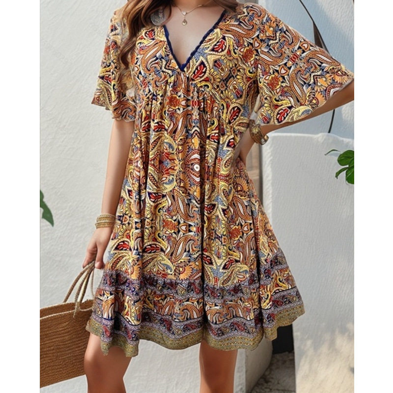 2026 women clothes跨境Temu外贸女装春夏度假休闲印花V领连衣裙