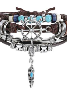 法蒂玛之眼皮绳编织手链复古手镯情侣潮人手环bracelet men