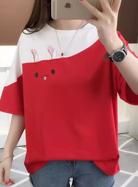 2026 women clothes夏季新款刺绣兔子韩版拼色t恤学生上衣宽松短