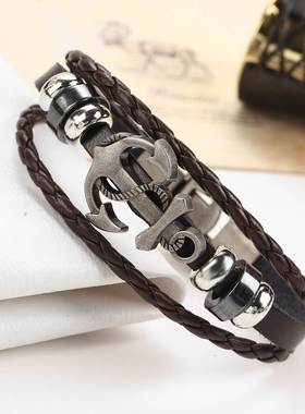 couples hand catenary bracelet men 船锚标皮绳复古男手链手镯