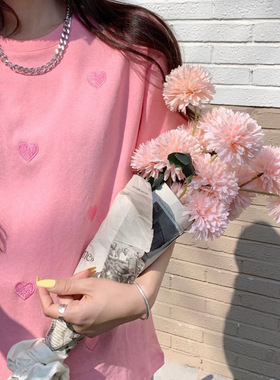 2026 women clothes短袖t恤女年夏装新款洋气圆领爱心刺绣宽松韩