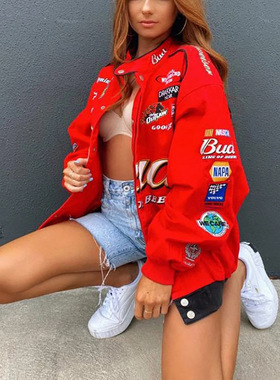 2026 women clothes秋冬新款跨境运动风红色印花休闲宽松长袖风衣