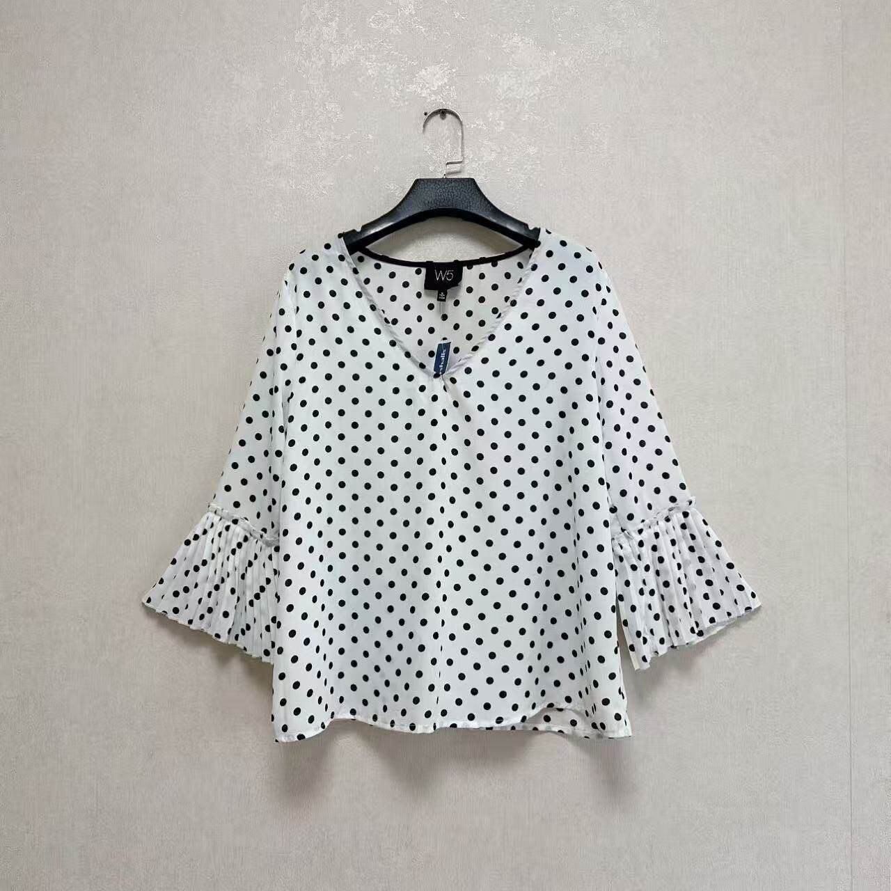 外贸出口欧美W5女黑白波点V领蕾丝衫/雪纺衫
