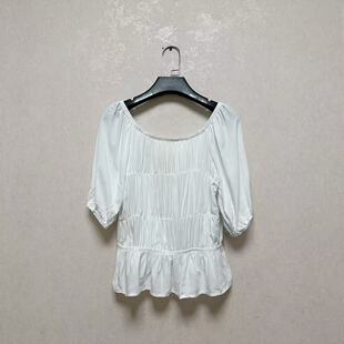 五分袖 SS纯白色粘纤风琴褶露背系带短款 上衣 GODD 出口美国GREEN