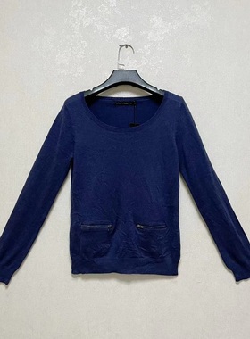 外贸出口法国原单深蓝色圆领带拉链口袋长袖薄款毛衣针织衫