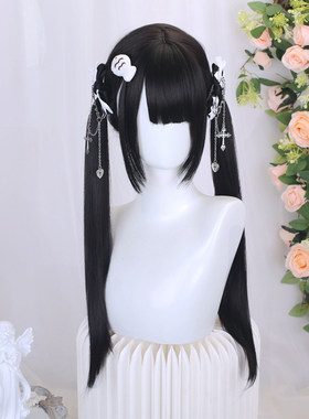 lolita黑色长直发少萝假发编发造型双马尾二次元jk全头套