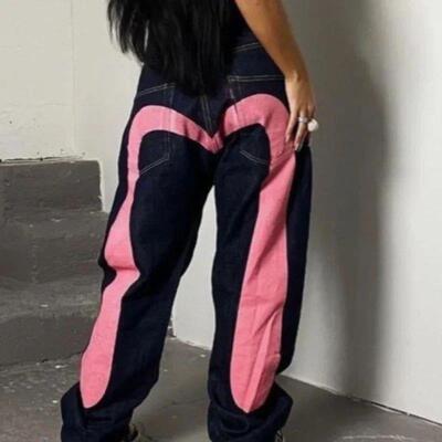 Printed straight leg denim pants for women女印花直筒牛仔长裤