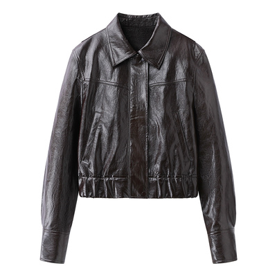 艾诺丝2026春新款复古翻领短款皮衣女收腰显瘦拉链外套BR101122