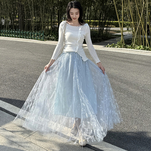 高腰显瘦甜美碎花中长裙 手工蝴蝶刺绣网纱半身裙女2025春夏新款