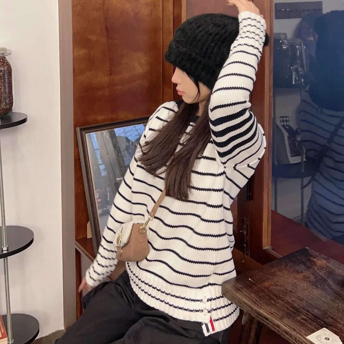 韩系慵懒学院风撞色条纹毛衣女秋冬圆领宽松百搭粗线针织上衣潮牌