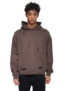 AaNn normcore成衣染色480克深灰水洗破坏刀割宽松连帽卫衣