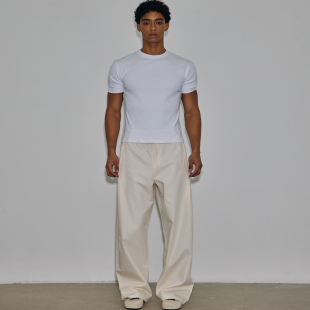 AaNn尊系列奶白色休闲侧褶宽松休闲长裤 西裤