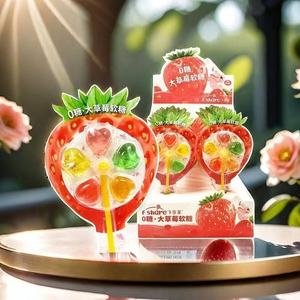 飞享家0糖大草莓软糖棒棒糖无添加蔗糖卡通旋转水果零食软糖240克