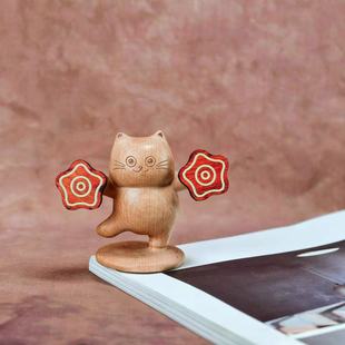 榉木手帕猫 卡通摆件潮玩把玩挂件可爱创意桌面装饰品实木招财猫