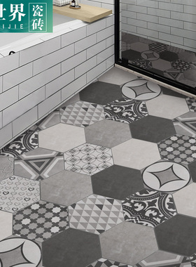 菱形瓷砖六角砖200x230北欧水泥灰色厨房卫生间阳台地砖背景墙砖