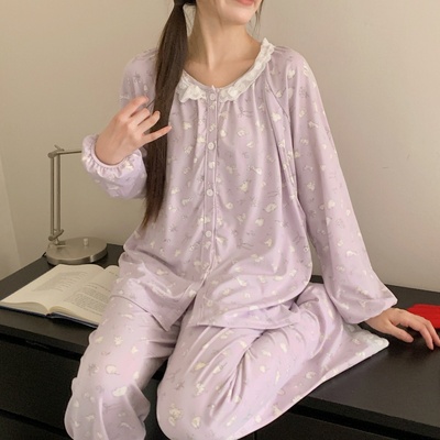 月子服带胸垫春秋十月份产后纯棉a类大码孕妇睡衣夏薄款哺乳喂奶