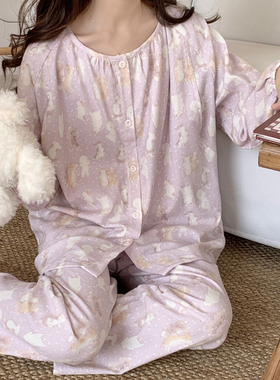 带胸垫月子服春秋纯棉9月份8产后薄款大码孕妇睡衣女夏季哺乳喂奶