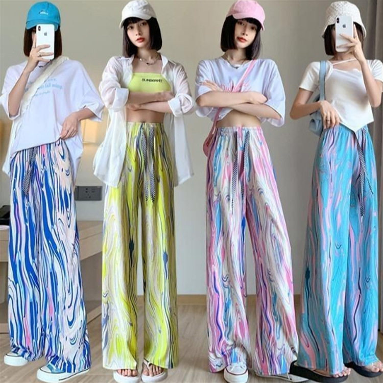 彩虹条纹扎染直筒阔腿裤女夏季薄款2026高腰显示宽松印花拖地裤子