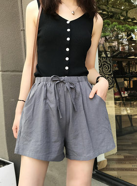 棉麻休闲短裤女大码阔腿裤居家沙滩热裤夏季宽松休闲运动五分裤子