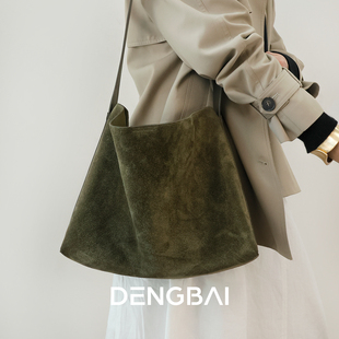 登白DENGBAI 反绒牛皮水桶包大容量高级包包休闲通勤单肩斜挎包