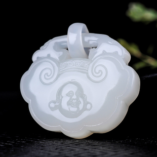 天然新疆和田玉白玉吊坠如意平安长命玉锁佛公玉锁项链羊脂玉挂件