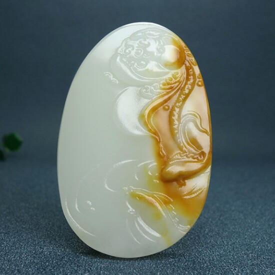 天然新疆和田玉籽料荷花金鱼吊坠项链坠项链金鱼满堂挂件平安牌