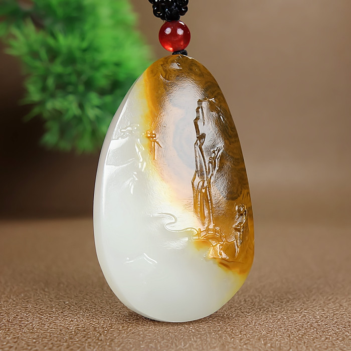 天然新疆和田玉籽料山水玉牌吊坠大好河山项链玉坠挂件平安牌