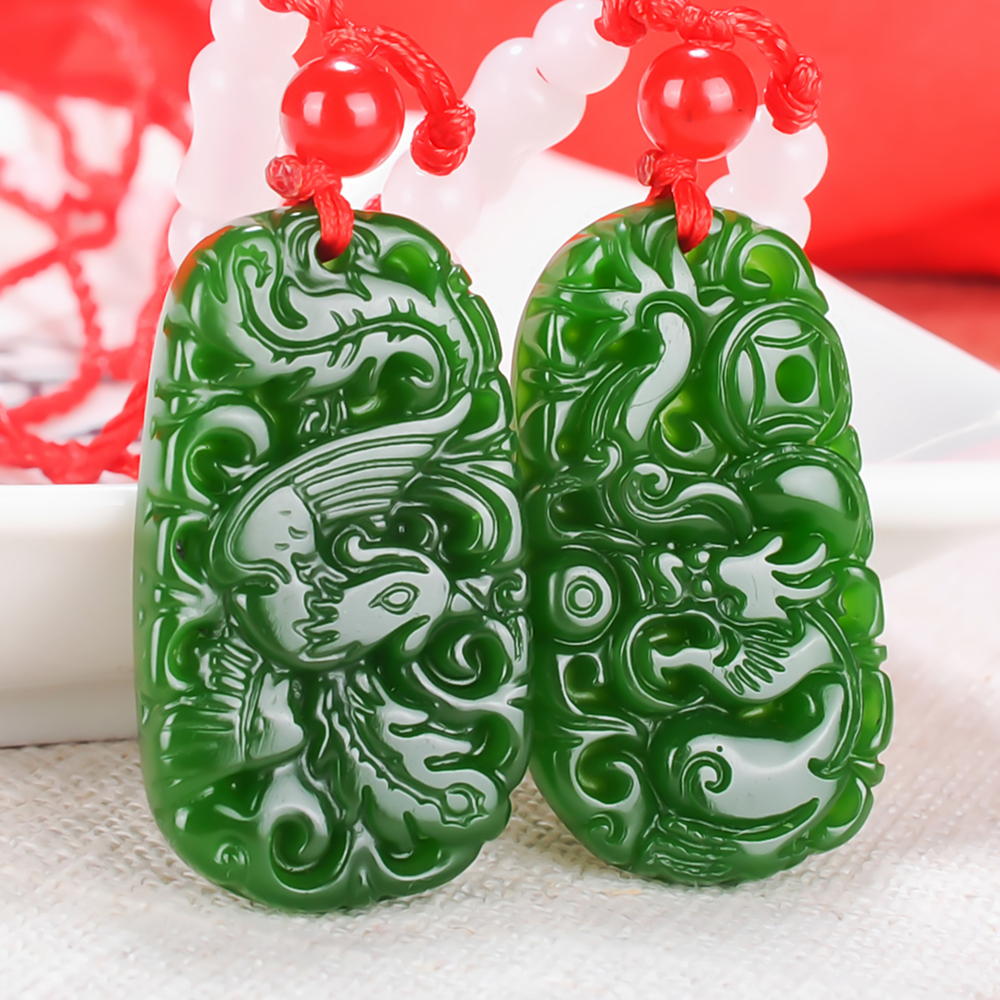 和田玉碧玉情侣款龙凤玉吊坠男女款龙凤呈祥项链挂件菠菜绿玉石