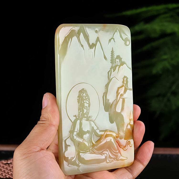 天然和田玉籽料观音玉牌挂件手把件玉石观世音菩萨大号平安牌新疆