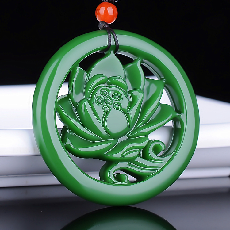 天然和田玉碧玉雪莲花吊坠女款菠菜绿玉石莲花挂件项链毛衣链