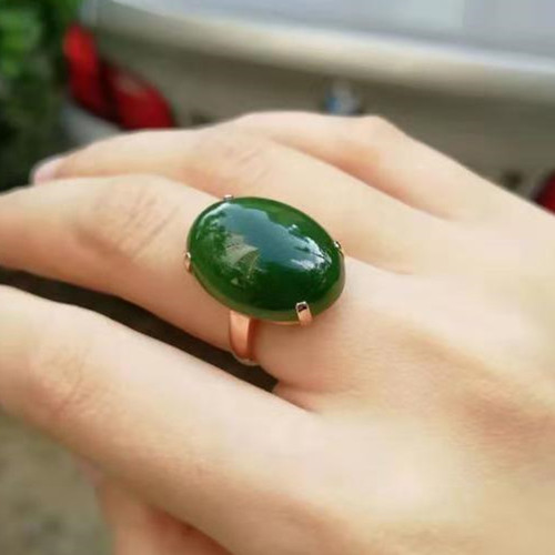 真玉天然和田玉碧玉戒指女款925银镶菠菜绿玉石玉器指环大戒面