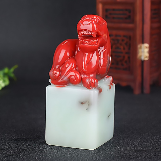 天然鸡血玉和田玉貔貅印章书法绘画藏书章文房镇尺书镇皮丘手把件
