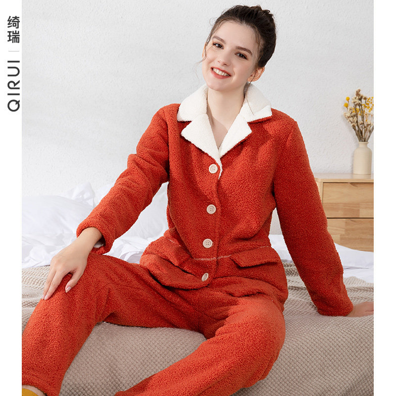 绮瑞睡衣女冬季复合绒加厚羊羔绒女冬款珊瑚绒睡裙加绒家居服套装