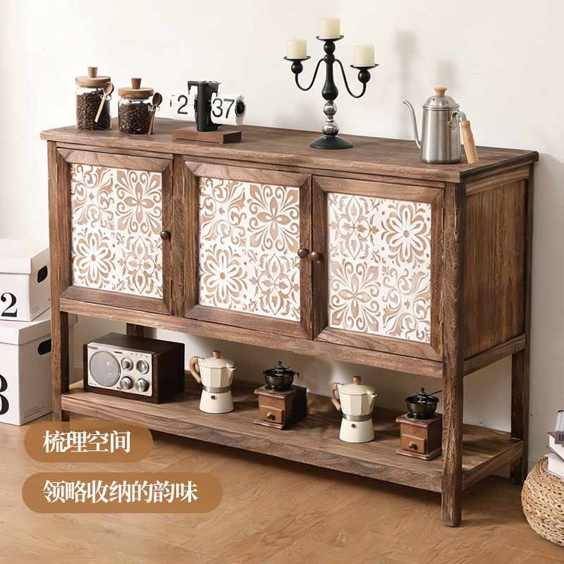 实木餐边柜美式复古雕花双门储物柜家用置物收纳柜原木风仿古柜子