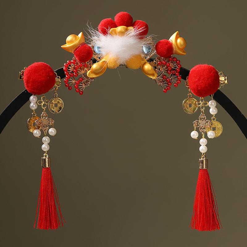 古风汉服发饰小财神红色毛球发夹复古发冠儿童拜年喜庆头饰边夹子