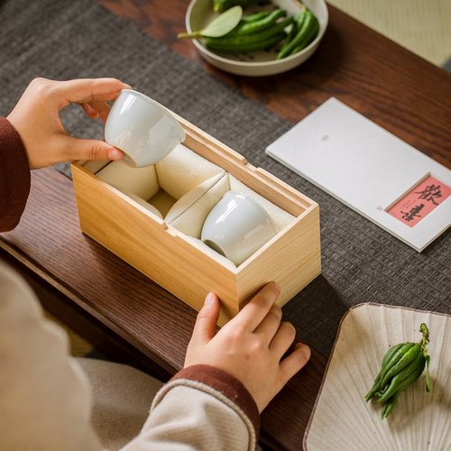 中式复古桐木盒子茶杯建盏