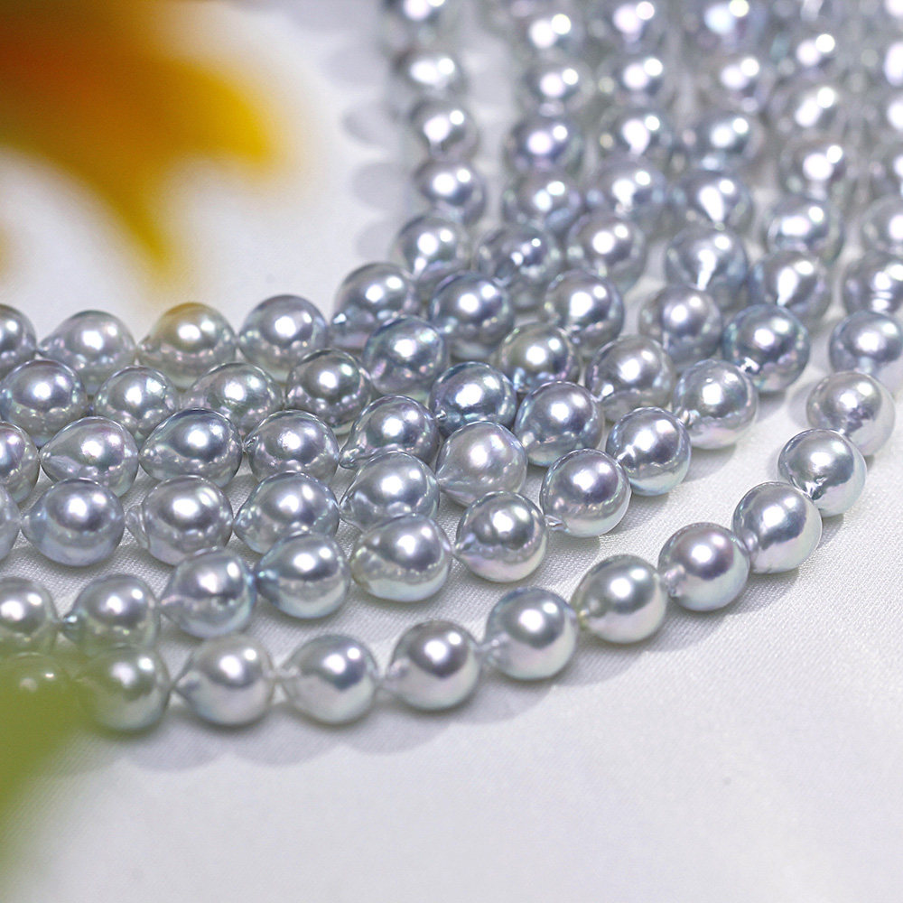 天然色akoya海水珍珠项链真多麻色海水珍珠天然银灰蓝色强光微巴