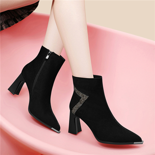 2025秋冬新尖头粗跟加绒高跟鞋时尚马丁靴子棉鞋磨砂短靴女侧拉链