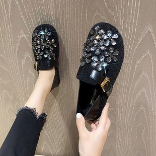 勃肯鞋女2026新款丑萌秋冬一脚蹬豆豆鞋女平底水钻加绒灰色毛毛鞋