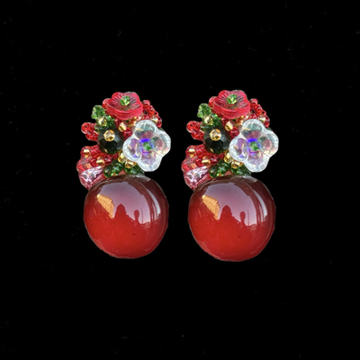 浆果精灵 黄打屁原创设计秋冬新年圣诞铃铛红色氛围手工925耳钉夹